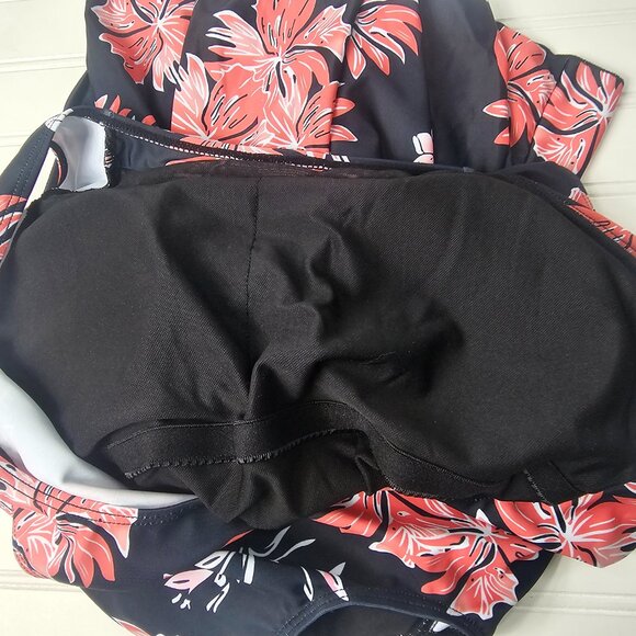 Women's Black & Pink Tropical Floral Print Modest One Piece Swim Dress Size 2XL - Picture 9 of 13